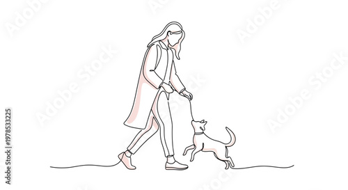 Continuous line drawing of a woman walking with her dog on a leash. Minimalist one line art vector illustration of a girl and her pet puppy.