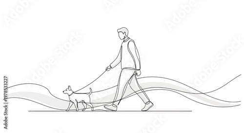 Continuous line drawing of a man walking his dog on a leash, minimalist one line art vector illustration of pet owner lifestyle.