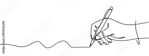 A continuous line drawing depicts a hand holding and using a writing pen