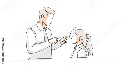 Continuous One Line Drawing of Boss Scolding Female Employee, Workplace Conflict and Toxic Management Concept