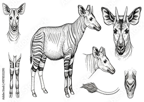 Detailed hand-drawn sketch collection of an Okapi, showcasing various anatomical views for wildlife education and artistic study