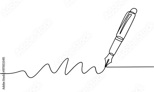 A continuous line drawing depicts a fountain pen and a flowing scribbled line