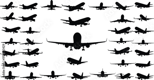 Set of black airplane silhouettes featuring various aircraft types including commercial jets, cargo planes, and passenger airliners in flight from different angles.
