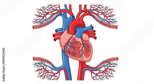 Detailed anatomical illustration of the human heart with arteries and veins clearly depicted in red and blue colors