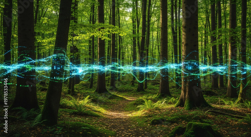 Enchanting Forest Pathway Illuminated by Ethereal Blue Energy Waves, Symbolizing Nature's Digital Transformation
