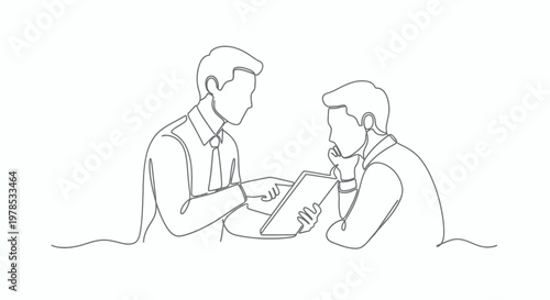 Continuous Line Drawing of Two Businessmen Collaborating and Discussing Work Project on Tablet or Clipboard, Minimalist Professional Meeting Concept