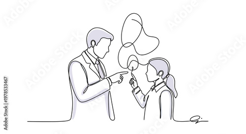 Continuous line drawing of a psychologist or counselor talking to a young girl, tangled thought bubble concept for mental health, therapy and communication.