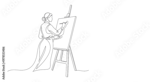 Continuous line drawing of a female artist painting on a canvas with a palette and easel, minimalist vector illustration.