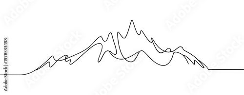 A continuous line drawing depicts a minimalist mountain range with a flat base