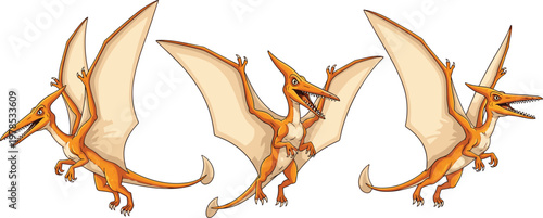 Cartoon Pterodactyl Characters with Wings in Various Poses, Ideal for Prehistoric and Dinosaur Illustrations
