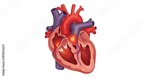 Detailed anatomical illustration of a human heart showing chambers, valves, and major blood vessels in cross-section