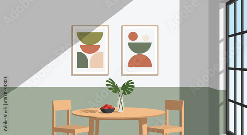 A minimalist dining room scene featuring abstract artwork a round table and a leafy plant
