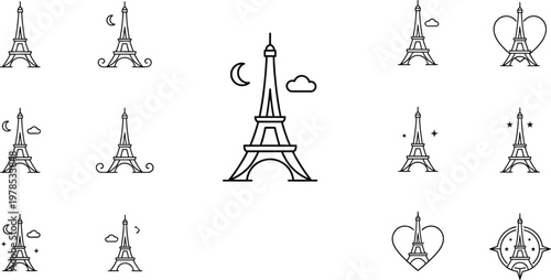 This vector illustration features a set of famous Paris symbols and French monuments, including the Eiffel Tower silhouette for European travel and city tourism design