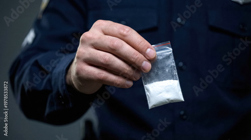 Police officer holding bag of white powder, drug seizure, narcotics evidence and law enforcement concept. 