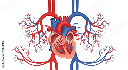 Detailed anatomical illustration of the human heart with arteries and veins on a white background