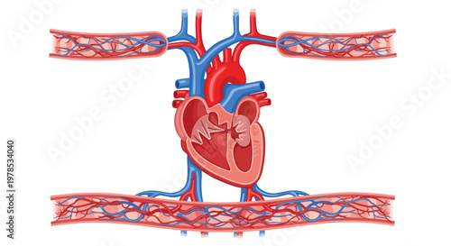 Detailed anatomical illustration of the human heart and major blood vessels showing circulation pathways