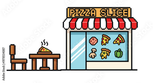 This pixel art vector illustration shows a storefront named "PIZZA SLICE" featuring outdoor seating with a hot slice of pizza on the table.