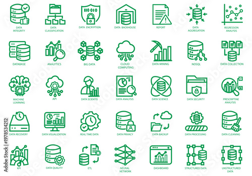 Data Driven icon set. Containing algorithm, big data, analysis, analytics, data mining, machine learning, ai, visualization, database, predictive, and more. Editable stroke. Vector Illustration