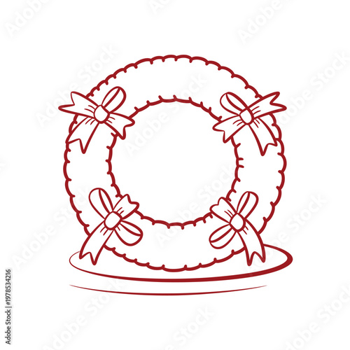 A simple red line drawing depicts a festive wreath adorned with delicate bows