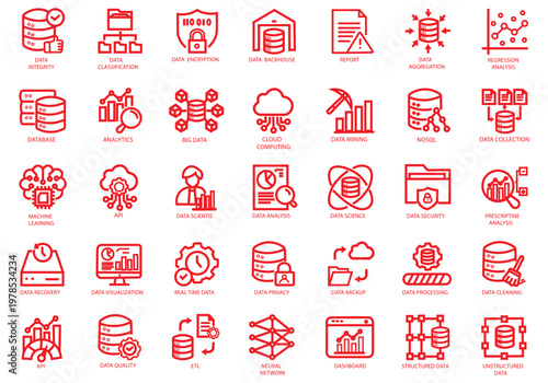 Data Driven icon set. Containing algorithm, big data, analysis, analytics, data mining, machine learning, ai, visualization, database, predictive, and more. Editable stroke. Vector Illustration