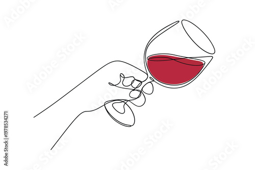 A continuous line drawing depicts a hand holding a wine glass filled with red wine