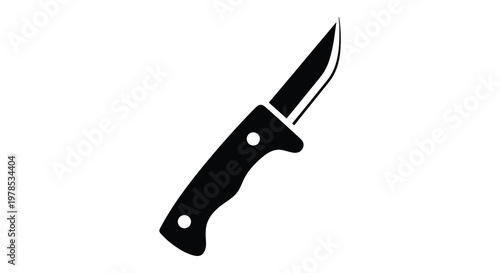 A sharp black knife is displayed in a stark minimalist silhouette