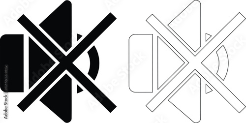 Mute speaker and volume off solid and outline icon set for digital interface control settings