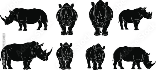 Set of black rhinoceros silhouettes in various poses, African safari wildlife animal vector illustrations, front facing and side profile rhino.
