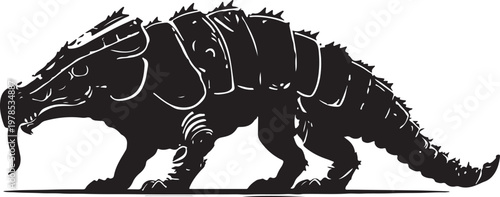 Illustration of a mythical armored reptilian creature walking in profile view
