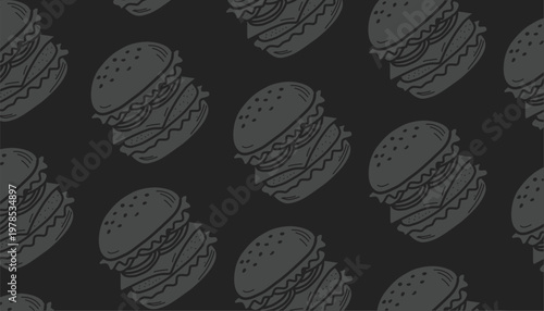 Burger Seamless Pattern. Hand Drawn Fast Food Illustration. Cheeseburger Repeating Background. Minimal Doodle Vector Texture.