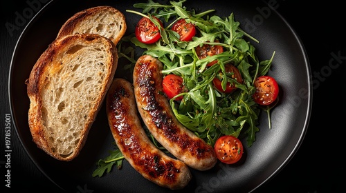 Fried Bavarian sausage with arugula and tomatoes on a plate. Black background. Top view.