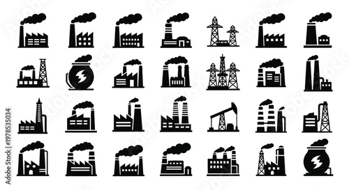 A collection of black silhouette icons depicting industrial facilities power plants and pollution sources