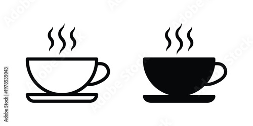 Coffee cup icon  with hot steam and saucer in outline and solid styles. beverage, morning drink, tea symbol. Transparent PNG and vector