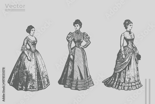 Victorian woman in vintage retro style. Vector illustration. Antique old monochrome character. Hand drawn engraved retro sketch.