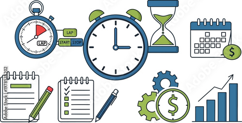 Time management and productivity icons for business and finance