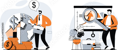 Illustration of economic concept with a dollar sign and business people