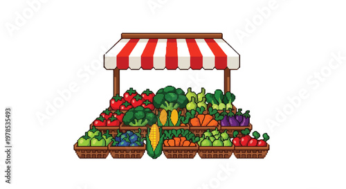 A colorful vector illustration of a market stall filled with baskets of fresh fruits and vegetables under a red and white striped awning on white.