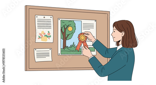 Person places award ribbon on bulletin board with nature artwork during daytime in indoor space