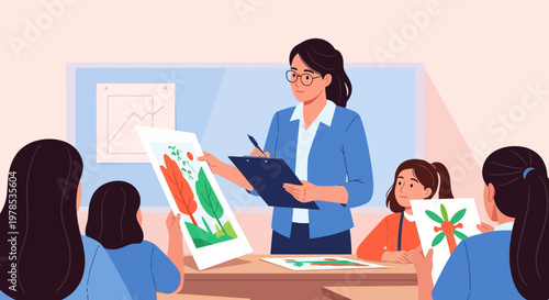 Teacher reviews student artwork in a classroom with young children during an art lesson in the afternoon