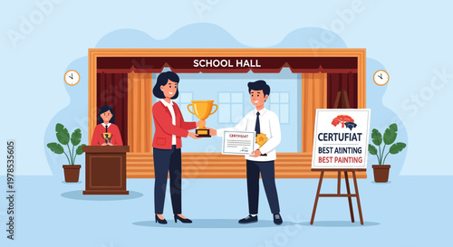 Student receives trophy and certificate for best painting during school event in school hall