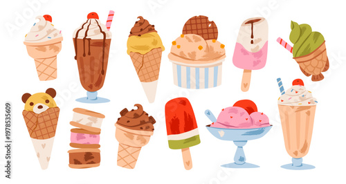 Ice cream dessert set with cones, popsicles, and milkshakes. Perfect for summer menu, kids design, and cafe promotions. Flat vector illustration.