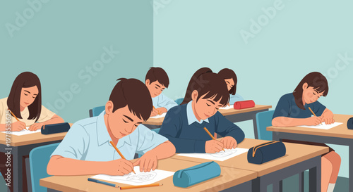 Students work on assignments in a classroom during a school day while teacher monitors their progress