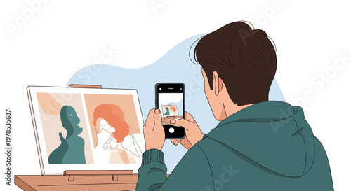 Person takes a picture of art on a canvas using a smartphone in a simple indoor setting during daytime