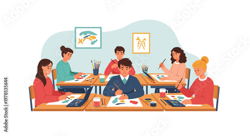 Kids working on art projects in a classroom during a painting activity in the afternoon