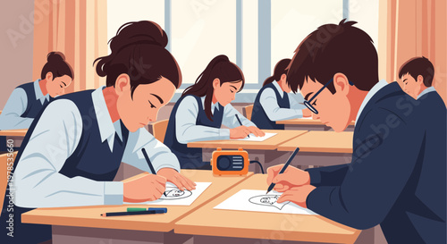 Students draw and work on assignments in a classroom during a school day