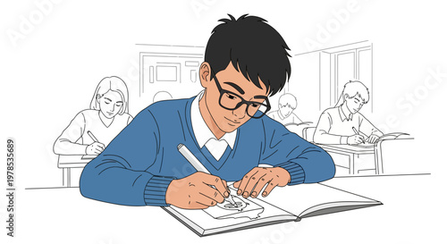 Student writes in notebook during classroom lesson with classmates present