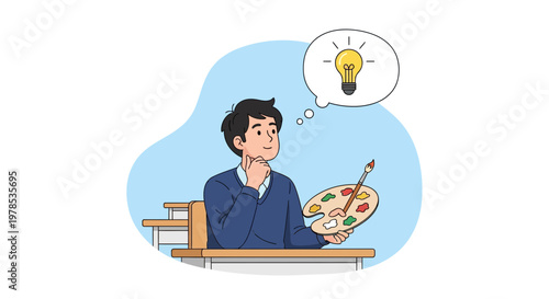 Young man thinks about creative ideas while holding a paint palette in a classroom setting during daytime