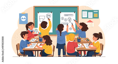 Children engage in drawing and teamwork during an art class in a bright classroom with teaching materials on the walls