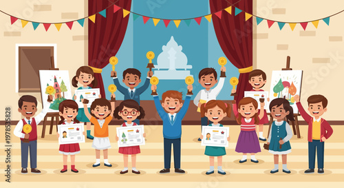 Kids celebrate their achievements at an award ceremony in a colorful classroom with decorations and art displays