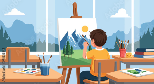 Child paints mountains and trees in classroom during daytime with bright sunlight coming through windows
